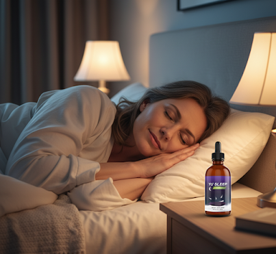 Woman sleeping peacefully next to a Yu Sleep bottle and a bedside clock reading 3:17